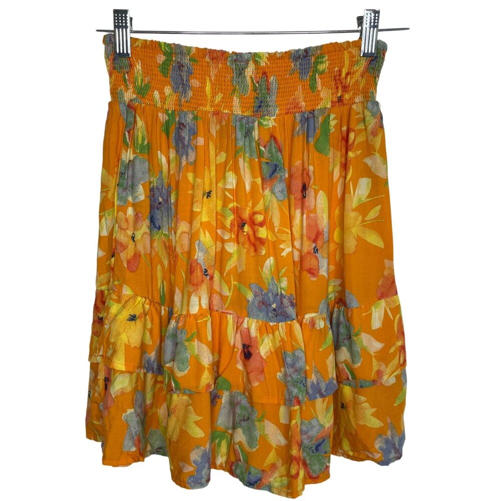 Cynthia Rowley Womens Floral Tiered Skirt Orange‎ Multicolor Smocked Waist M